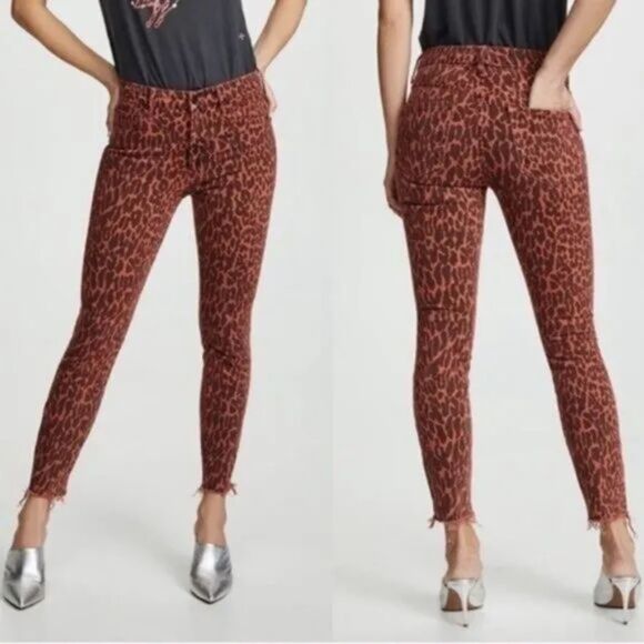 MOTHER Womens Jeans Size 26 Pink Leopard Skinny High Waisted Looker Ankle Fray - Picture 1 of 11